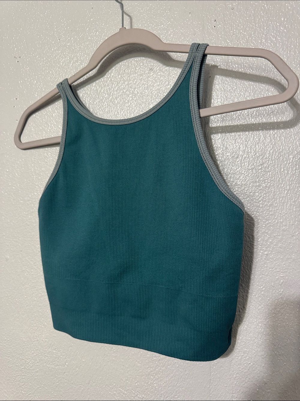Athleta Aurora Seamless Crop Rib Tank Top Teal Blue Green Gray Binding Trim Smal
